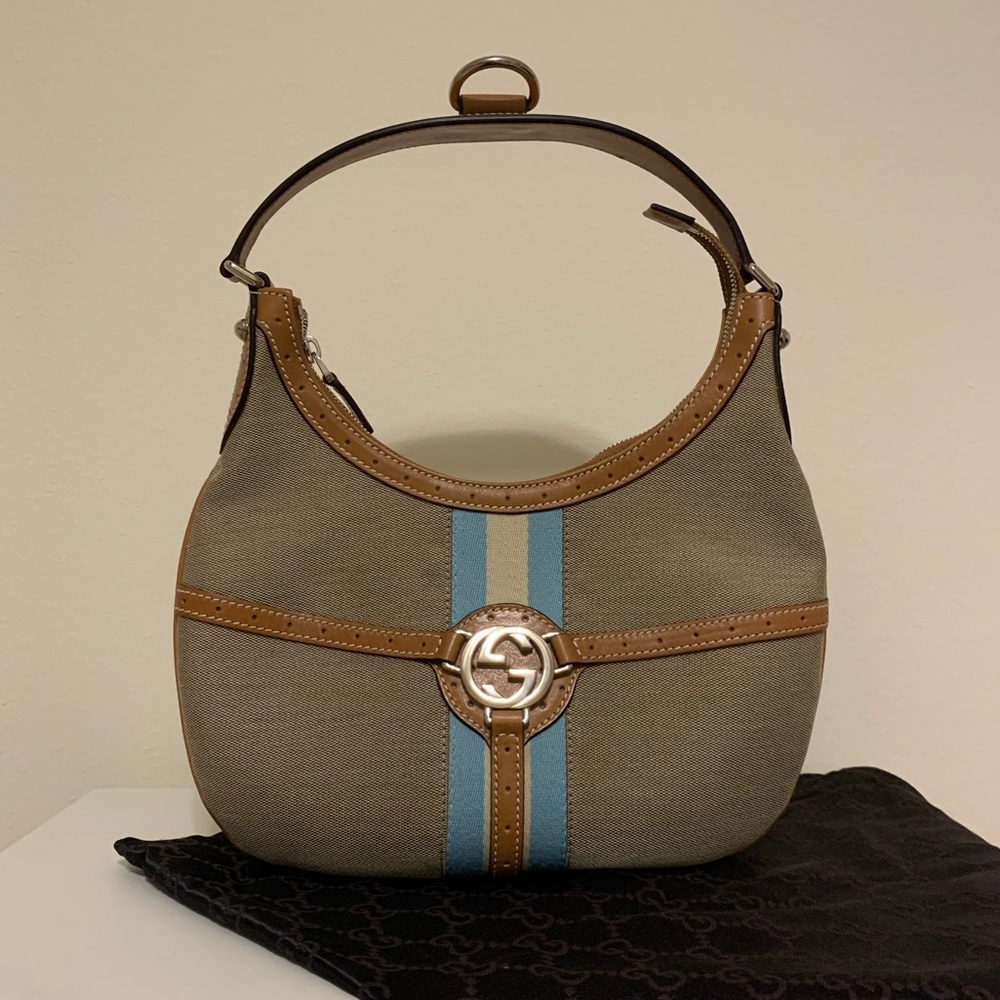 ✨Gucci Rein Web Beige Canvas Leather Hobo Bag✨